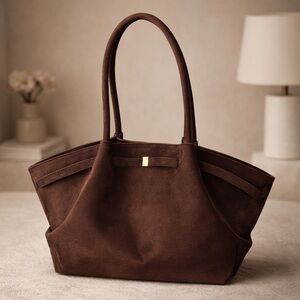 Chocolate Brown with Gold Tone Medium Size Large Capacity Faux Suede Bag